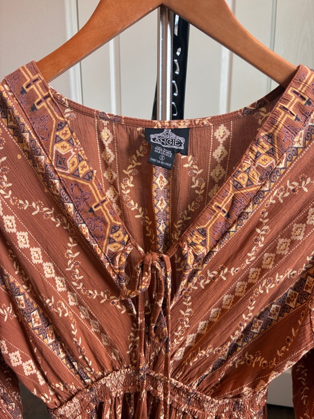 Angie Burnt Orange Patterned Long Sleeve Boho Dress